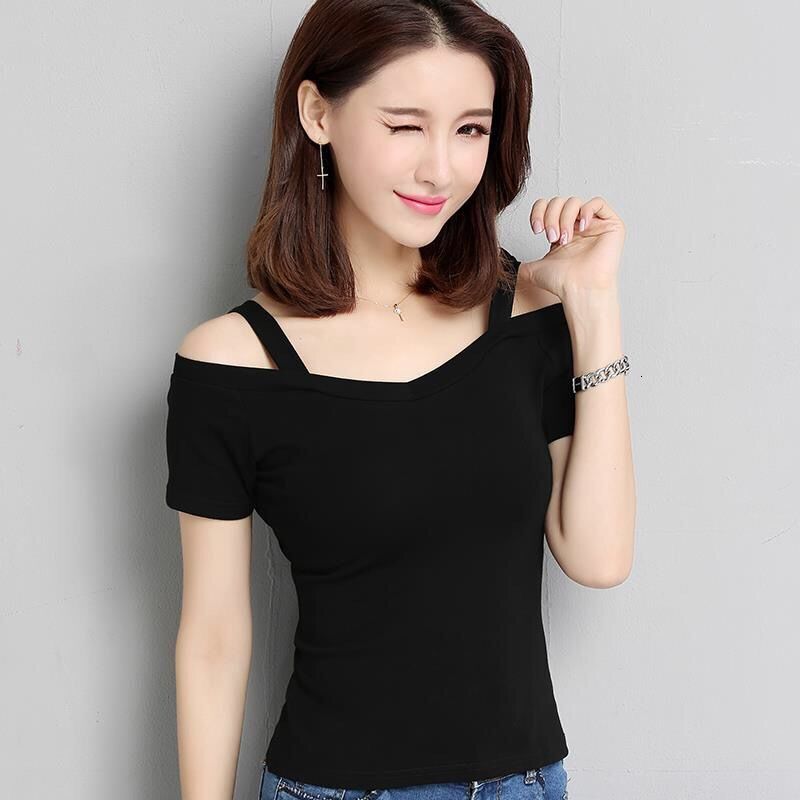2025S Designer Women S T Shirt Summer New Korean Hanging Strap Short Sleeved T Shirt Women S One Line Neck Off Shoulder Sexy Slim Fit Student Top