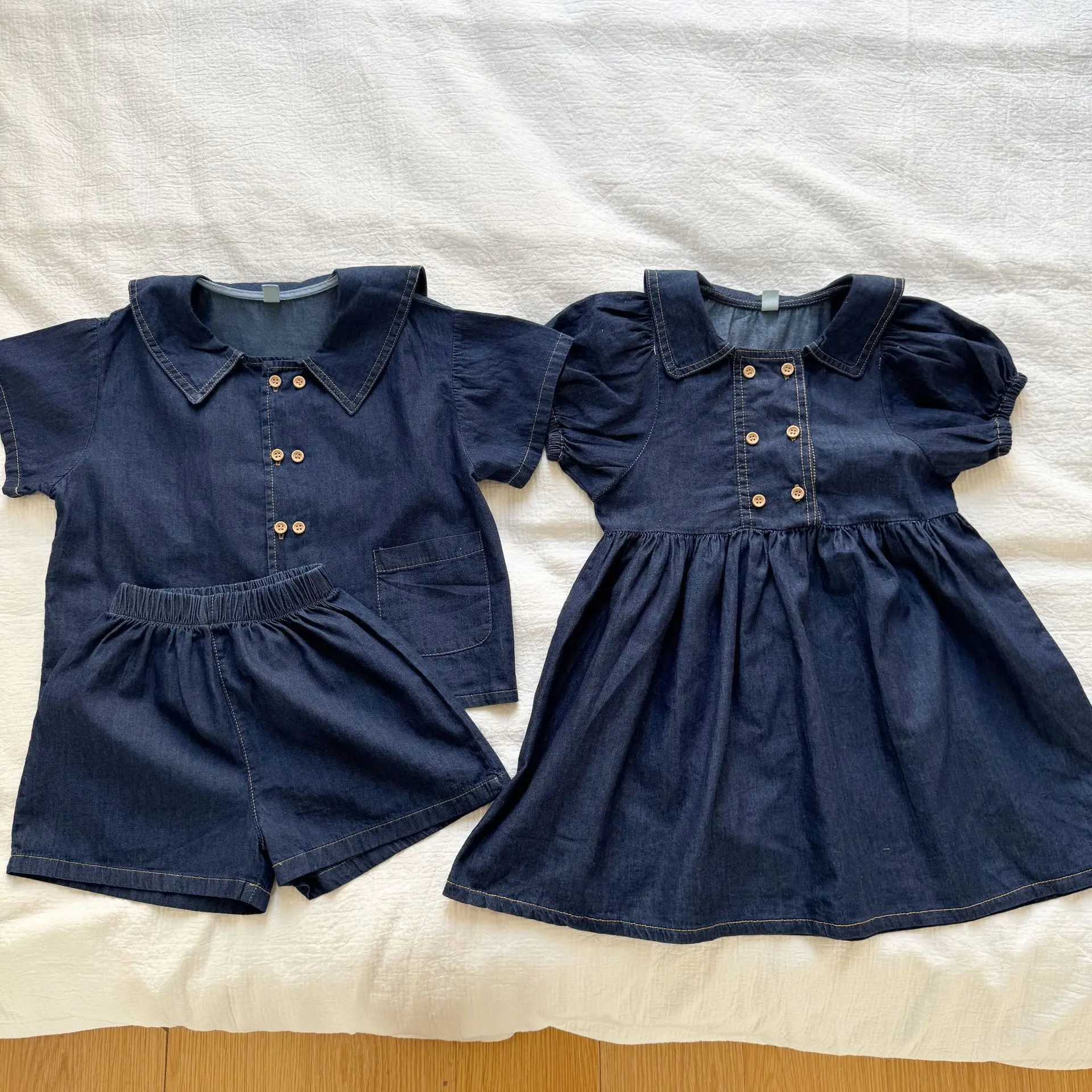 5934 Brothers and sisters Clothing Childrens Denim Summer Set 2025 New Short Sleeve Boys Denim Set or Girls Dress S2548