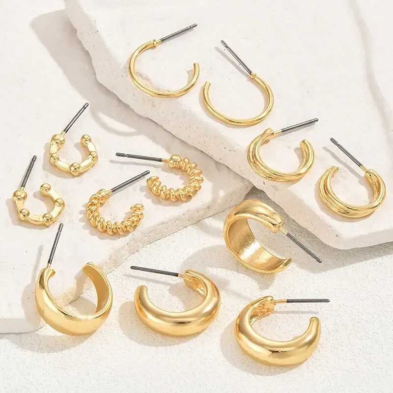 Gold Color Vintage Circle Hoop Earrings for Women Simple Fashion Geometric Zircon Earring Set New Trendy Jewelry Party Gifts Z250408