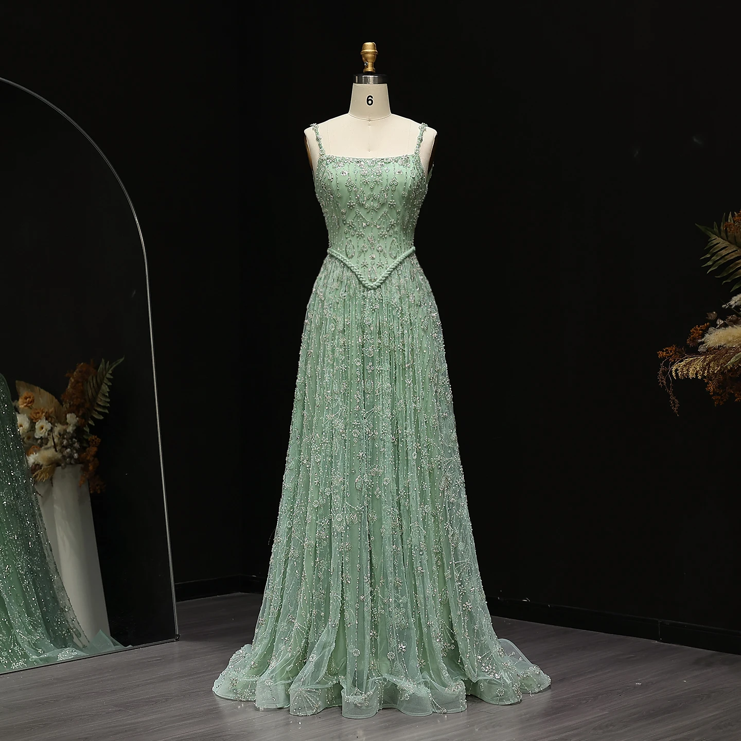 Elegant Sage Green Luxury Arabic Evening Prom Dress for Women Party Spaghetti Straps 2025 New Customized Vestido De Noite