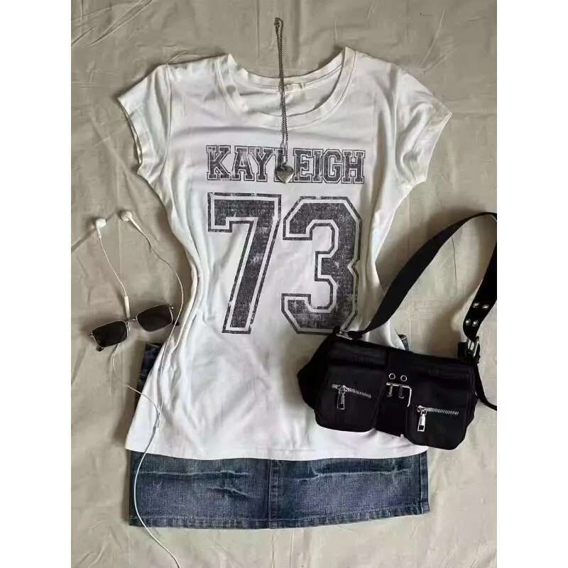 Wmen clothing Y2K Subculture Vintage Short Sleeve Tops Number Letter Print T-shirt Slim Sexy Summer 2024 Punk Goth Tees