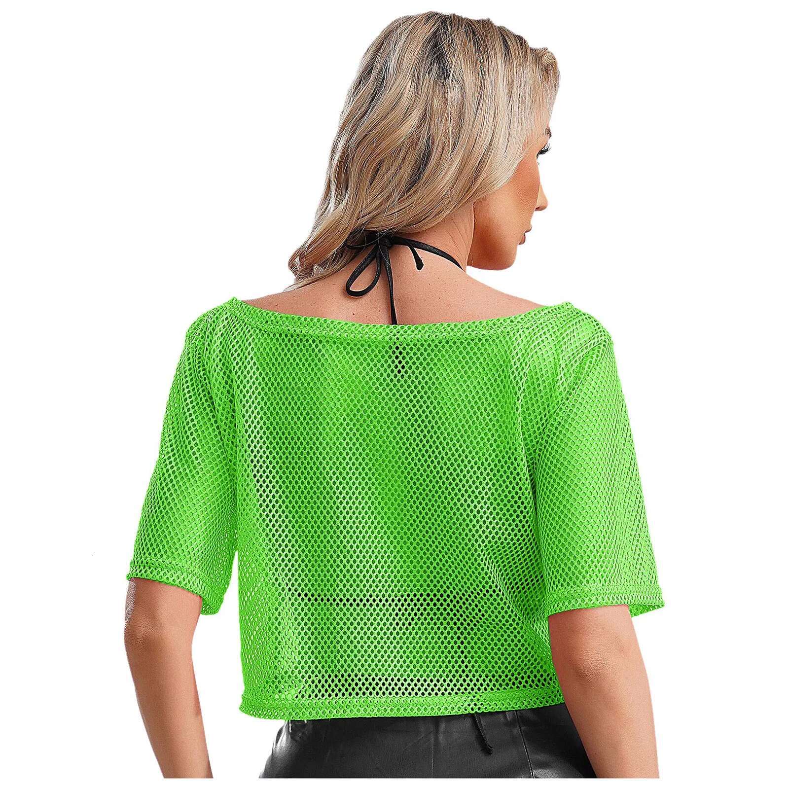 Women 80s Disco Neon Fishnet T-shirt Tops Short Sleeve Hollow Out Mesh Crop Top Sexy Punk Camisole Cover-up Rave Party Clubwear