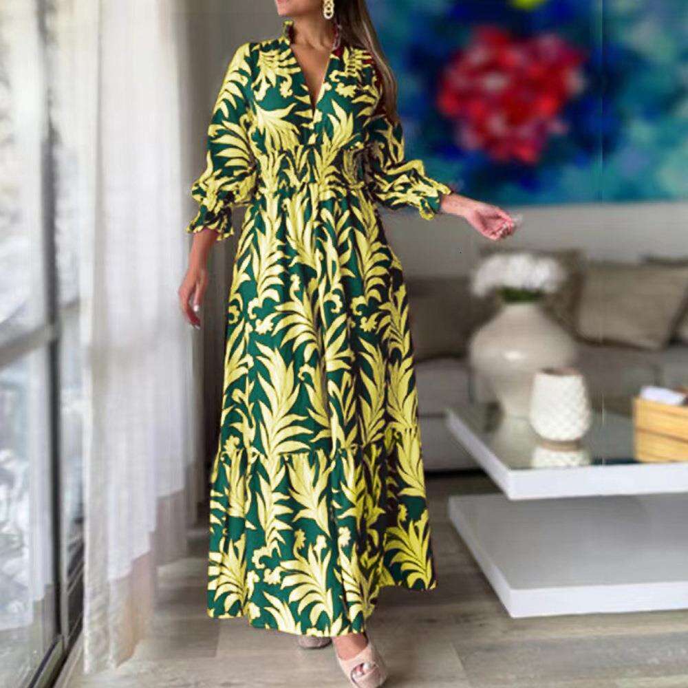 2025 Autumn Winter New from Waist-Cinching Pullover Bohemian Print Long Sleeve Flared Dress