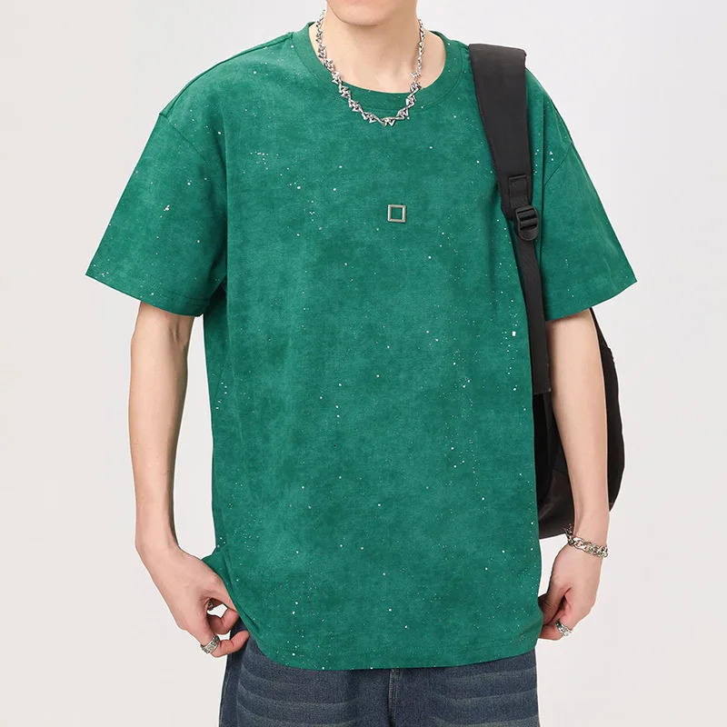 Washed tie dye sparkling diamond mens summer trendy short sleeved T-shirt knitted loose fashion street top 250408