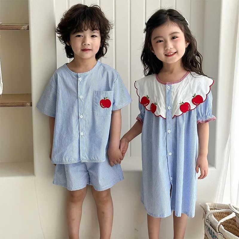 2025 Summer Vacation Style Costume Set Classic Vertical Stripe Girl Dress Apple Shirt Boy 2PCS Set S2548