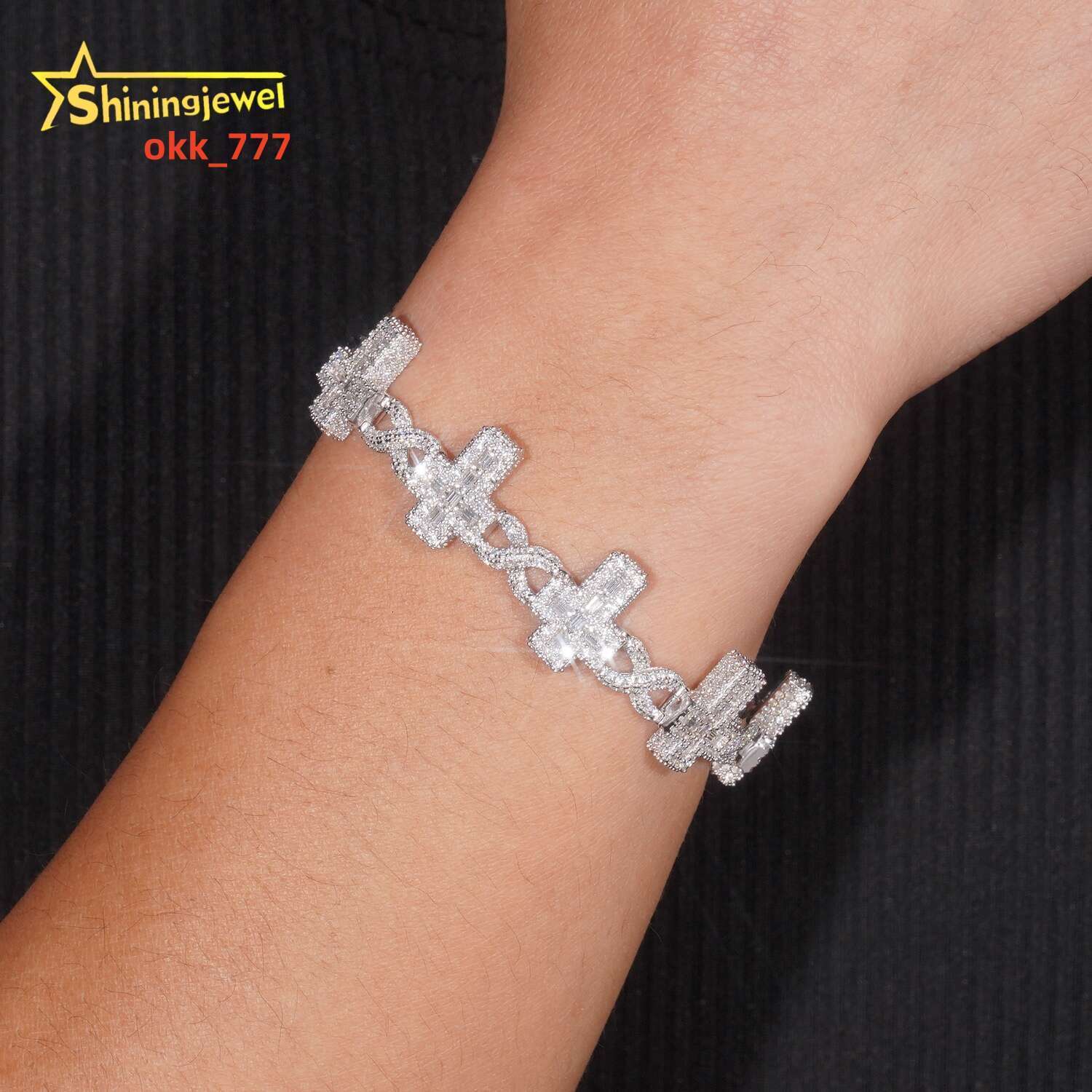 Luxury Bling Baguette Moissanite Cross Infinity Link Chain Sterling Silver 925 Iced Out Jewelry Moissanite Diamond Bracelet