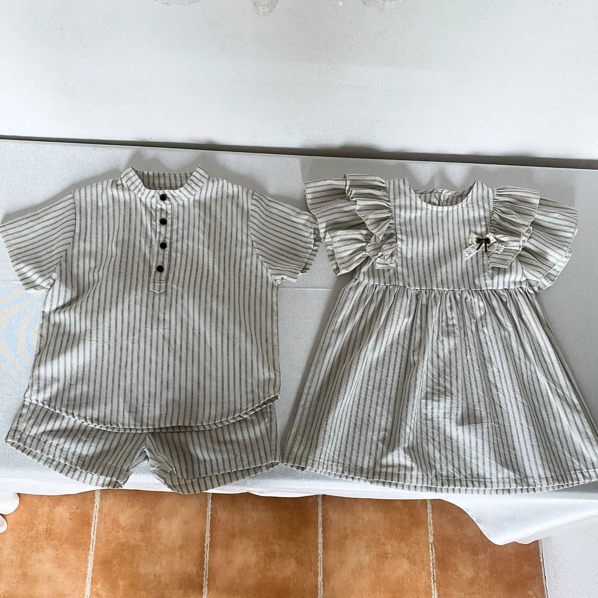 22004-1 Brothers and sisters Clothing 2024 Summer New Short Sleeve Stripe Baby Boys Set or Cotton Girls Dress S2548