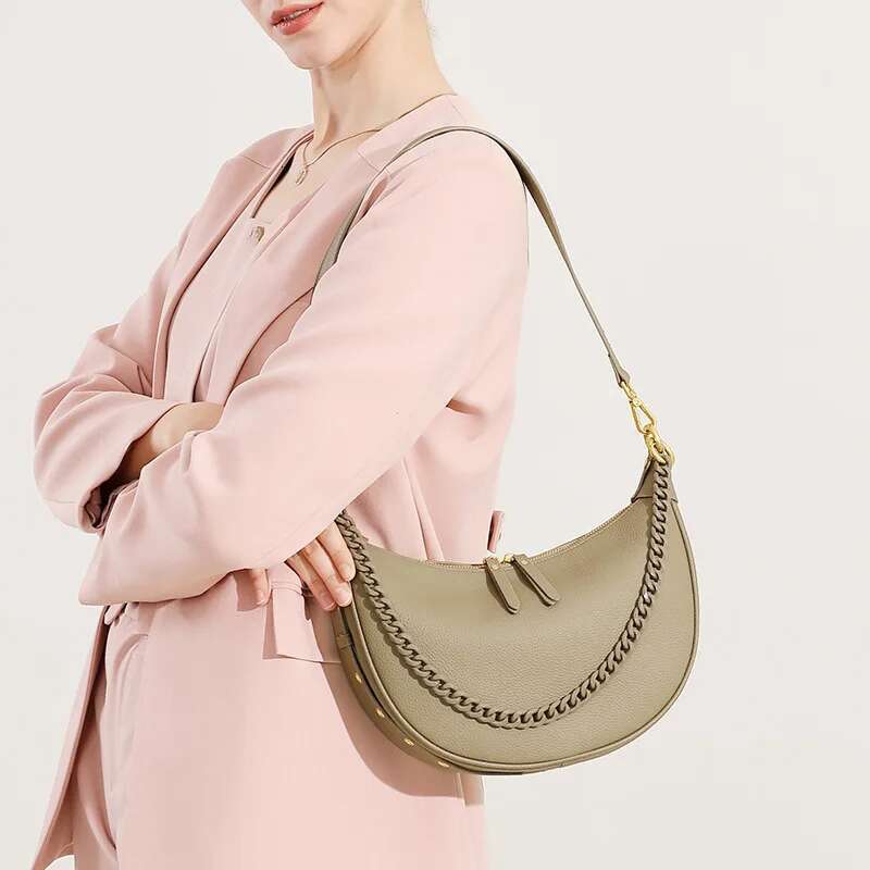 High Quality Genuine Leather Half Moon For Women Soft Cowhide Shoulder With Chain Strap Trendy Commuter Underarm Bag
