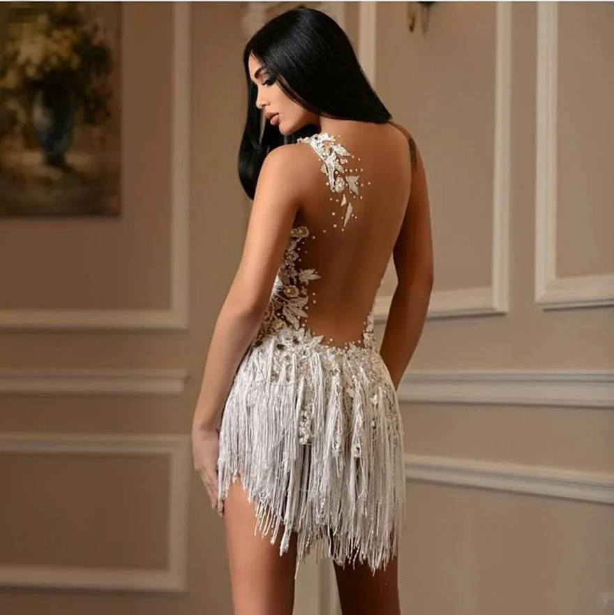 Berta Short Evening Dresses V Neck Lace Appliqued Crystal Tassel Cocktail Party Dress Formal Gowns Custom Sheer Backless Prom Wear
