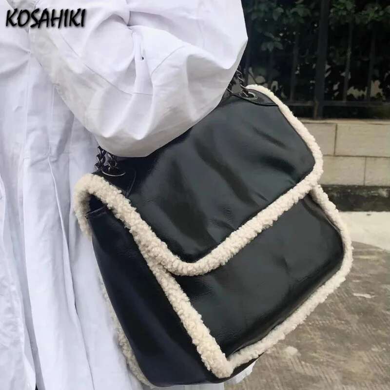 Y2k Aesthetic Fashion Vintage Trend Shoulder Bag Women Patchwork Fluffy Casual Underarm Bags Streetwear All Match Handbags Femme