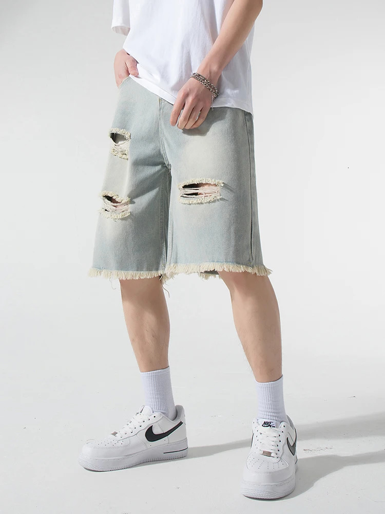 Streetwear torn denim shorts mens summer straight loose jeans washed retro size M3XL 250409