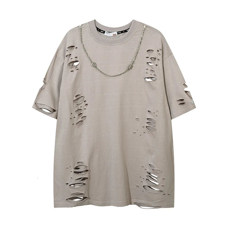 Mens cracked hole T-shirt street clothing short sleeved T-shirt mens hip-hop retro cracked cut T-shirt oversized top 250408