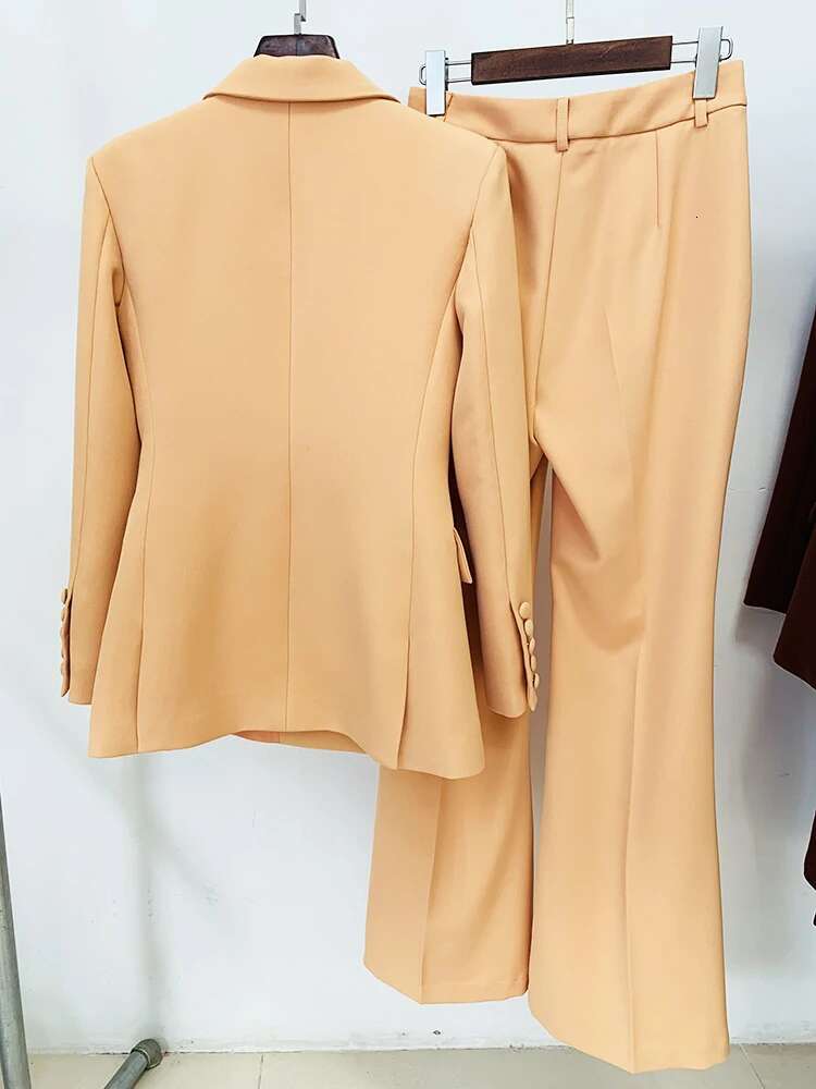 Newest Designer Set Women's Career Fashion Double Breasted Blazer Flare Pants Suit 2Pcs