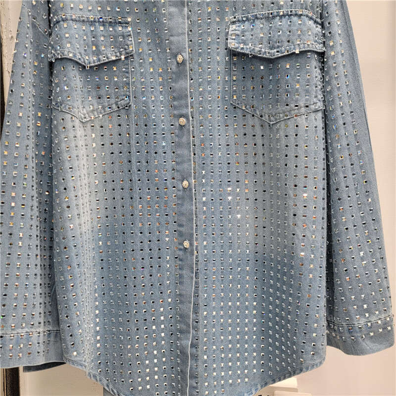 Korean style light luxury high-end autumn 2024, new blue crystal rhinestone polo collar shirt for women
