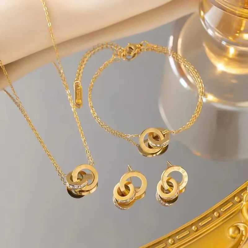 3 fashionable Roman numeral double ring pendant necklaces bracelets small earrings and jewelry sets suitable for womens daily Korean style wear Y25040