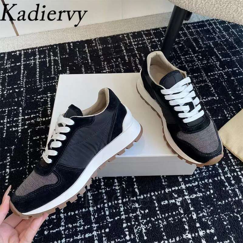 Sneakers For Women Round Toe Lace Up Running Female String Bead Cow Suede Patchwork Flat Sports Shoes Woman