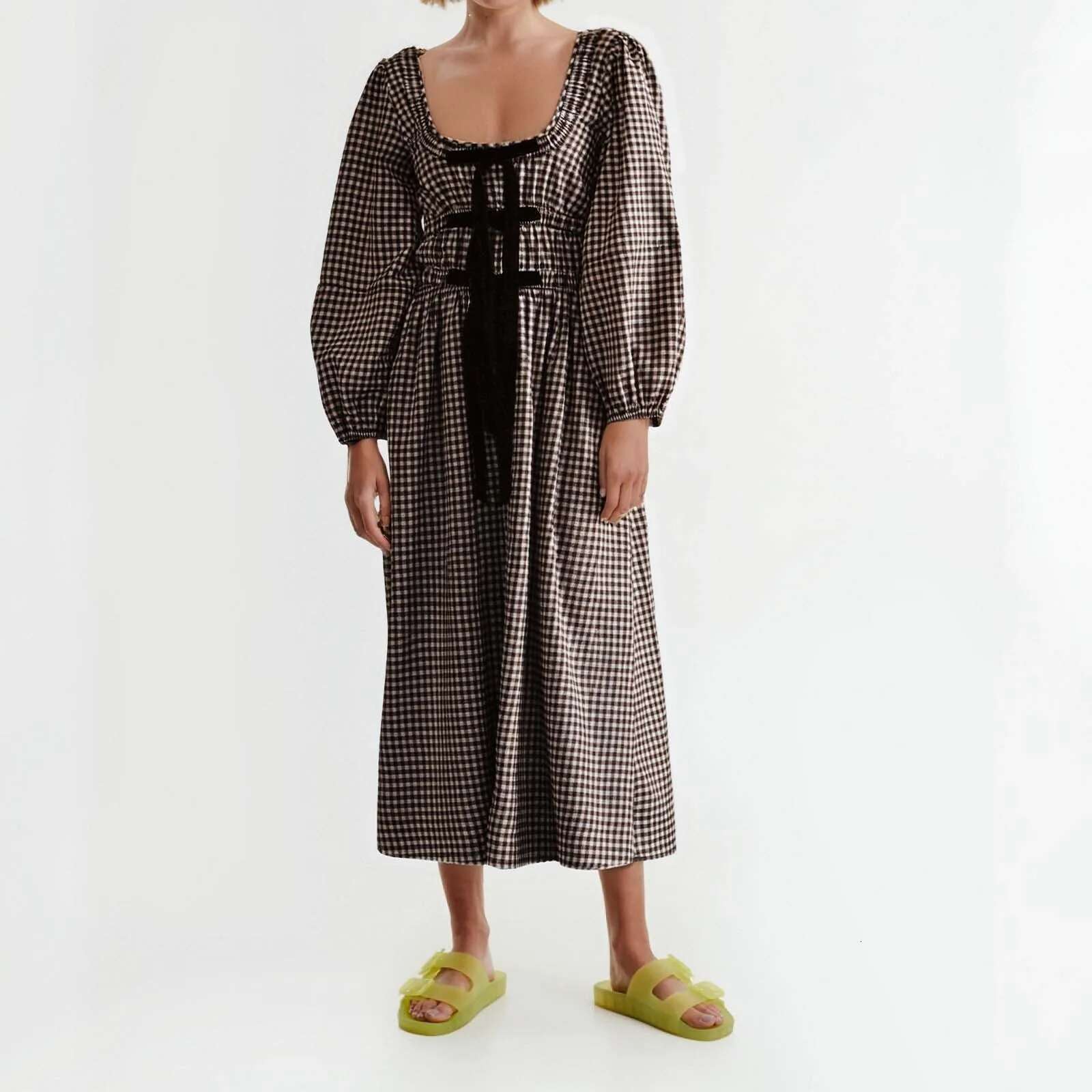 Dongdumaoyi Women Vintage Bow Tie Dress Boho Checkered Long Puff Sleeve Flowy Fall Square Neck Smocked Maxi Dresses