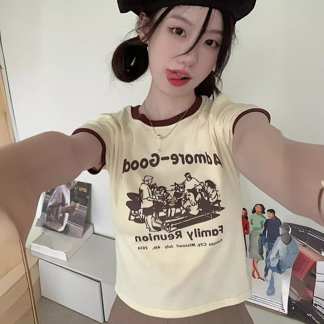 2025S Designer Women S T Shirt Sweet And Spicy Letter Printed T Shirt For Women S Summer Slim Fit Contrast Round Neck Short Sleeve Student Top