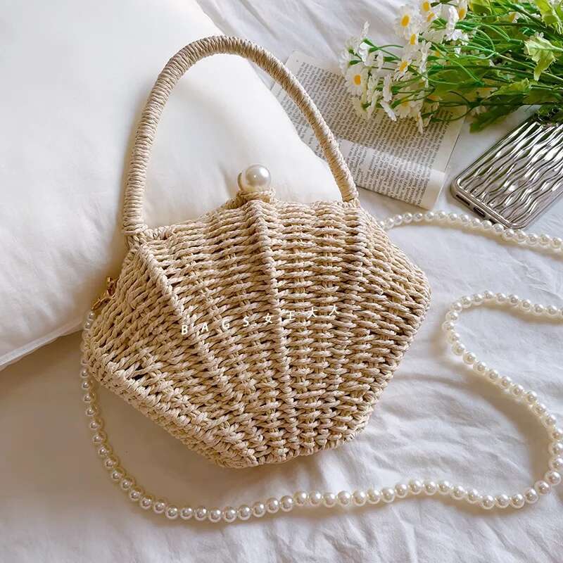 Shell Rattan Straw Diagonal Cross Small Bag, Cute Fairy Change, Mobile Phone, Fashionable Woven Beach Bag