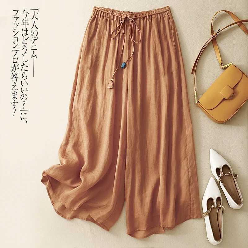 Linen double-layer high waist wide leg pants for womens summer new loose Ele lace top casual ankle pantsXJ250403