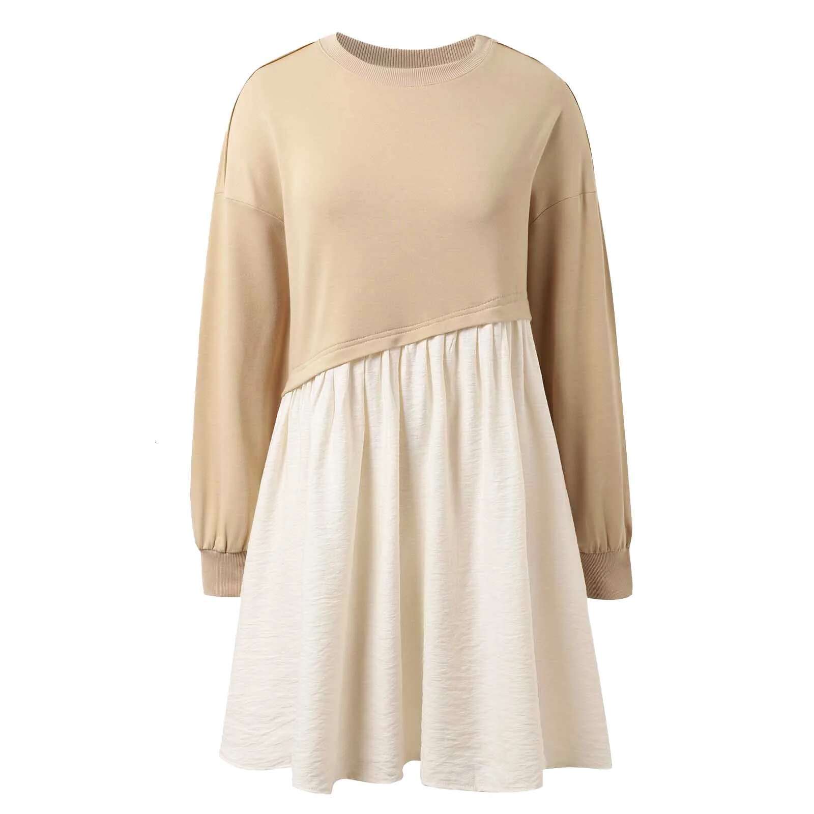 Dongdumaoyi Contrast Patchwork Casual Dress Women Spring New Loose Mini Dresses Elegant Round Neck Long Sleeve A Line