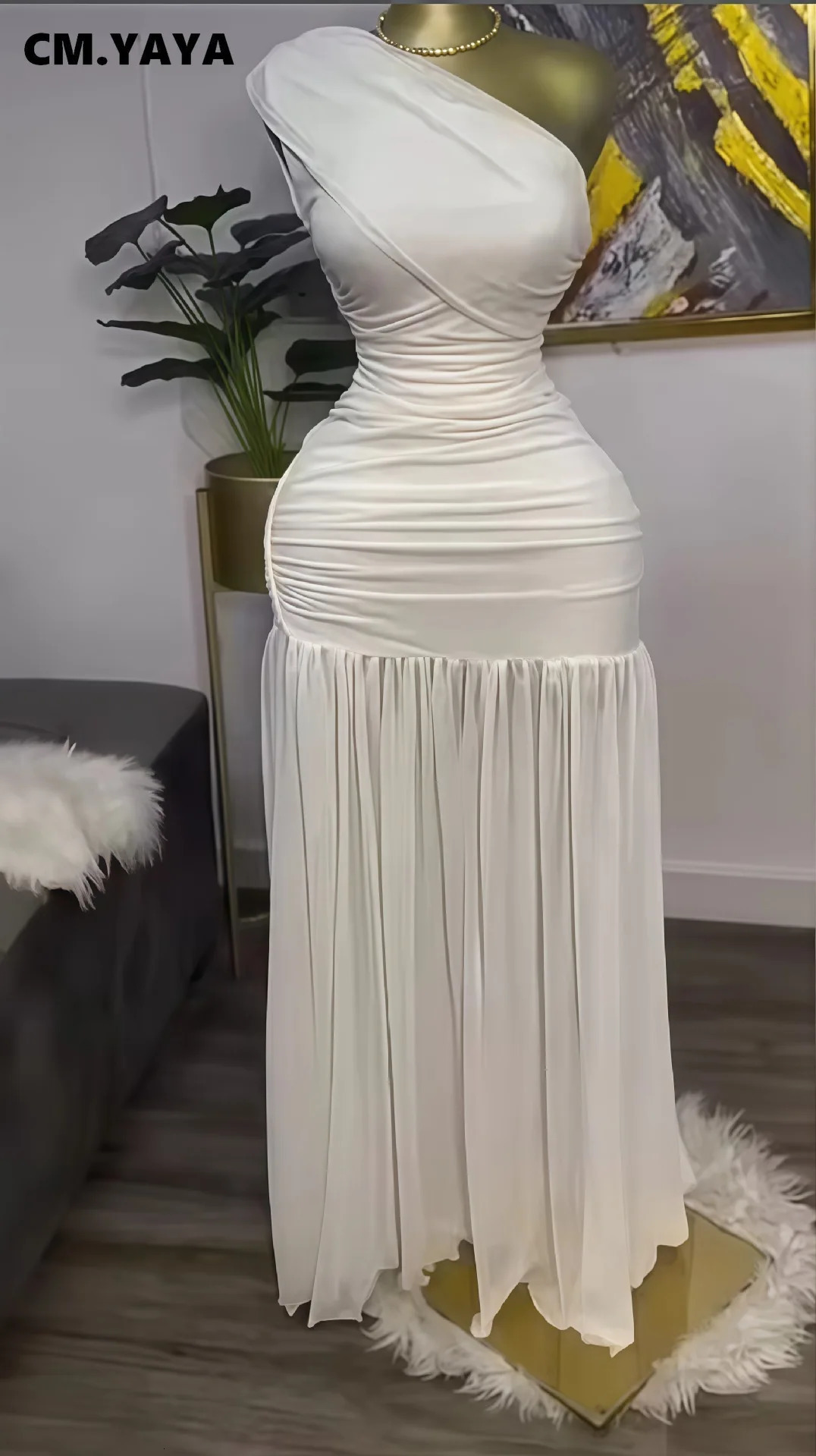 CM YAYA Womens One Shoulder Skeleton Neck High Split Folded Bottom Body Long Skirt Evening Sexy Club Party Dress Vestido 250409