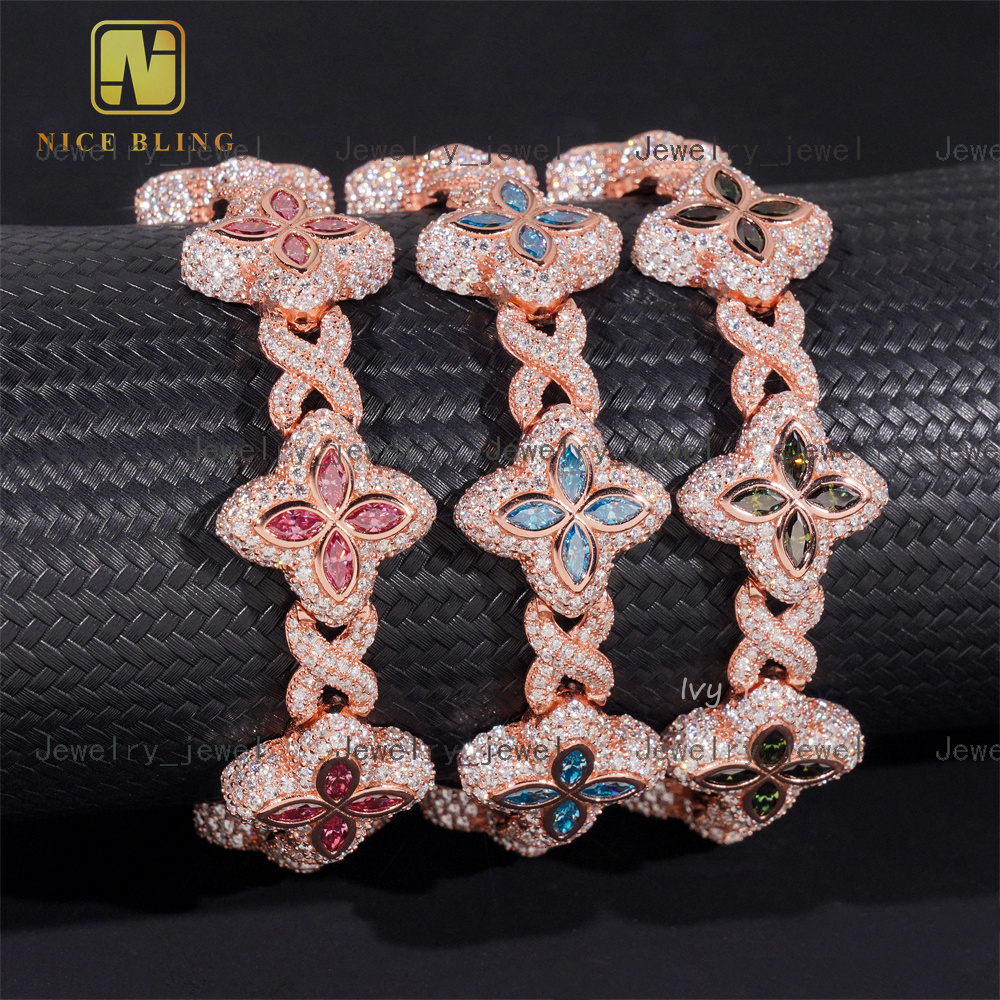 Rich Color Luxury Flower Design 18mm Custom Iced Out Hip Hop Unisex Jewelry Cuban Link Chain 925 Silver VVS Moissanite Bracelet