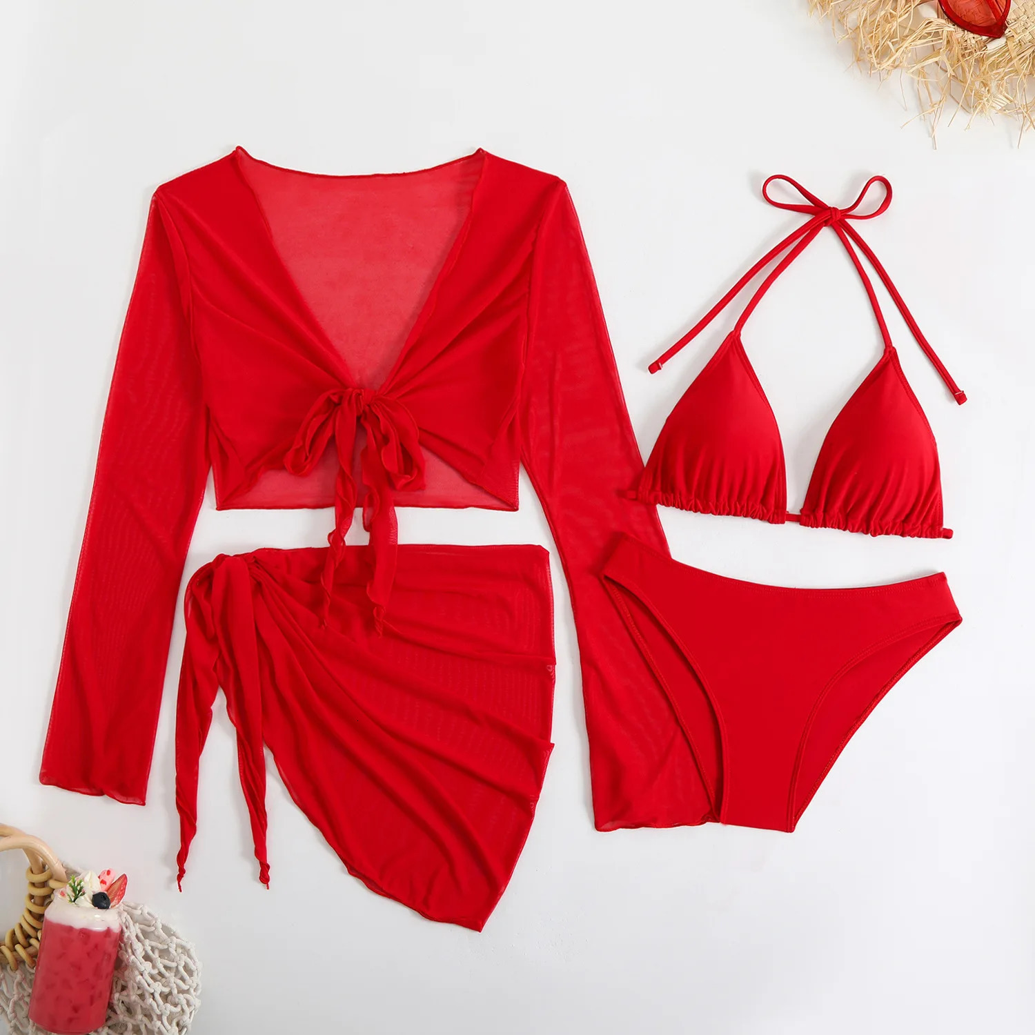 sexy bikini womens swimsuit four piece beach Brazilian red bathtub 250409