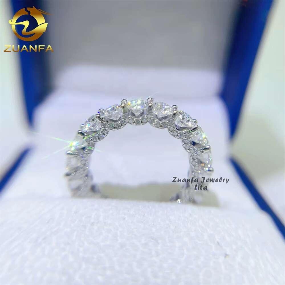 New Arrivals Iced Round 4.0mm Engagement Wedding 925 Silver Eternity Band Moissanite Diamond Ring