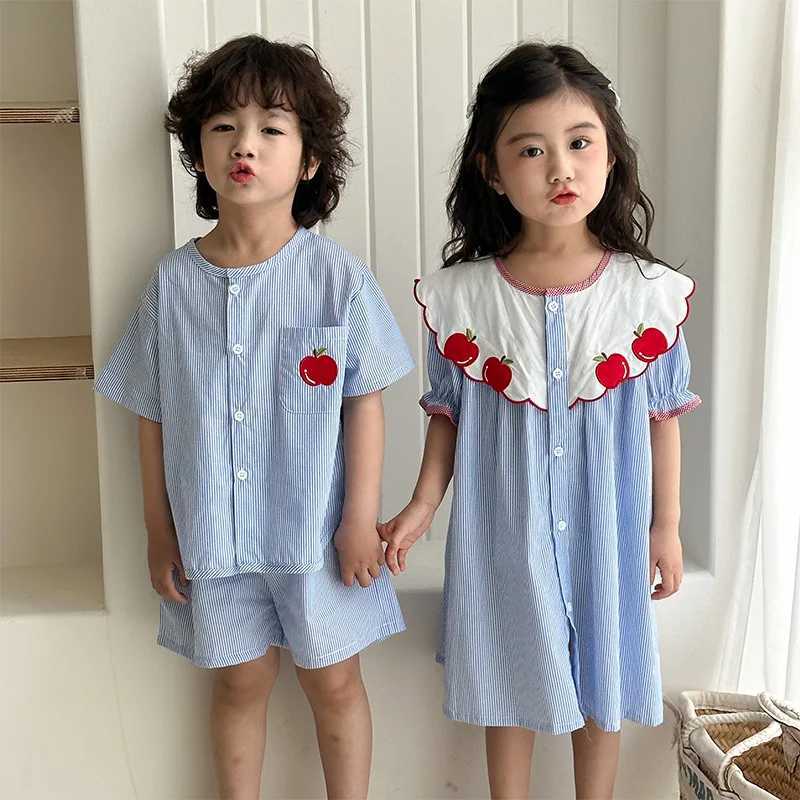 2025 Summer Vacation Style Costume Set Classic Vertical Stripe Girl Dress Apple Shirt Boy 2PCS Set S2548