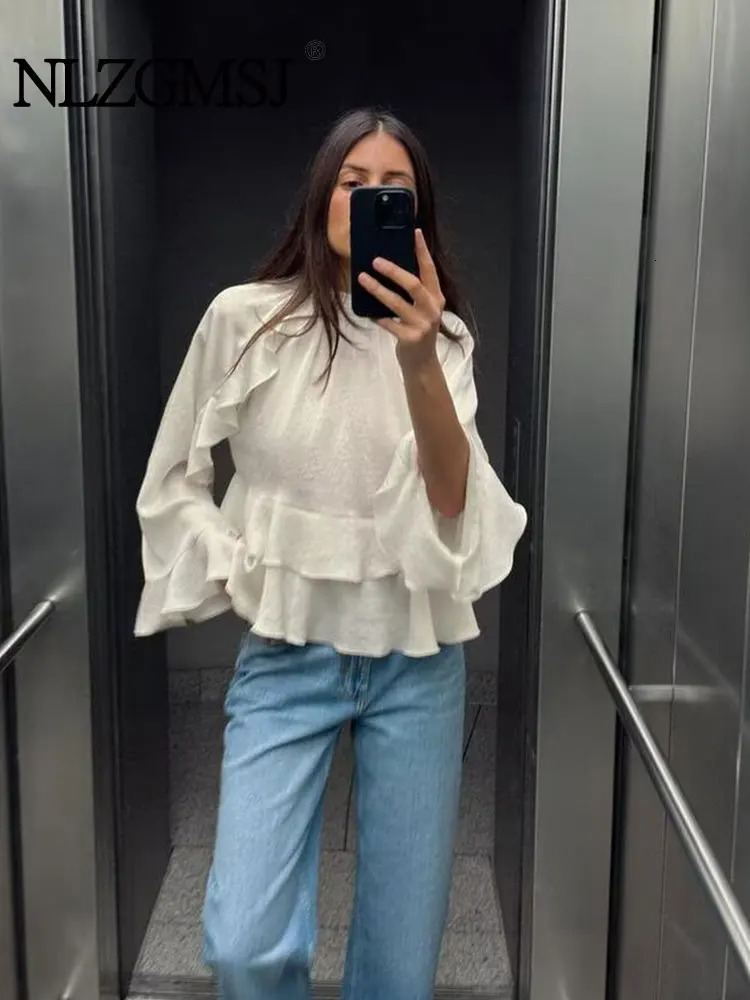 NLZGMSJ Spring Ruffle Folding Shirt Womens Elegant Top 250409