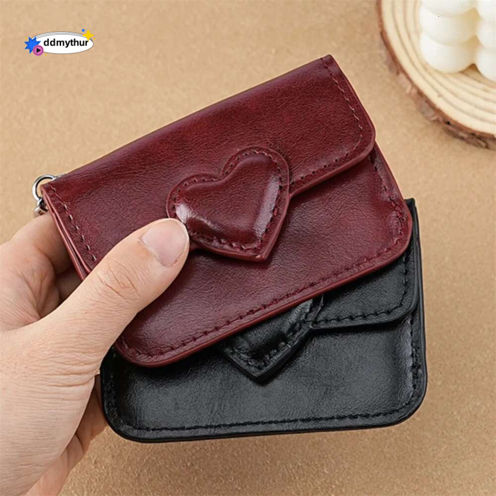 Mini Coin Purse Keychain Wallet Fashion PU Heart Buckle Multi-card Slots Card Holder Pouch Key Storage Bag for Women and Men ddmythur