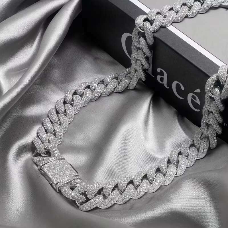 Sliver Hip Hop 15mm Miami Ice Out Moissanite Cuban Chain Fashion Jewelry
