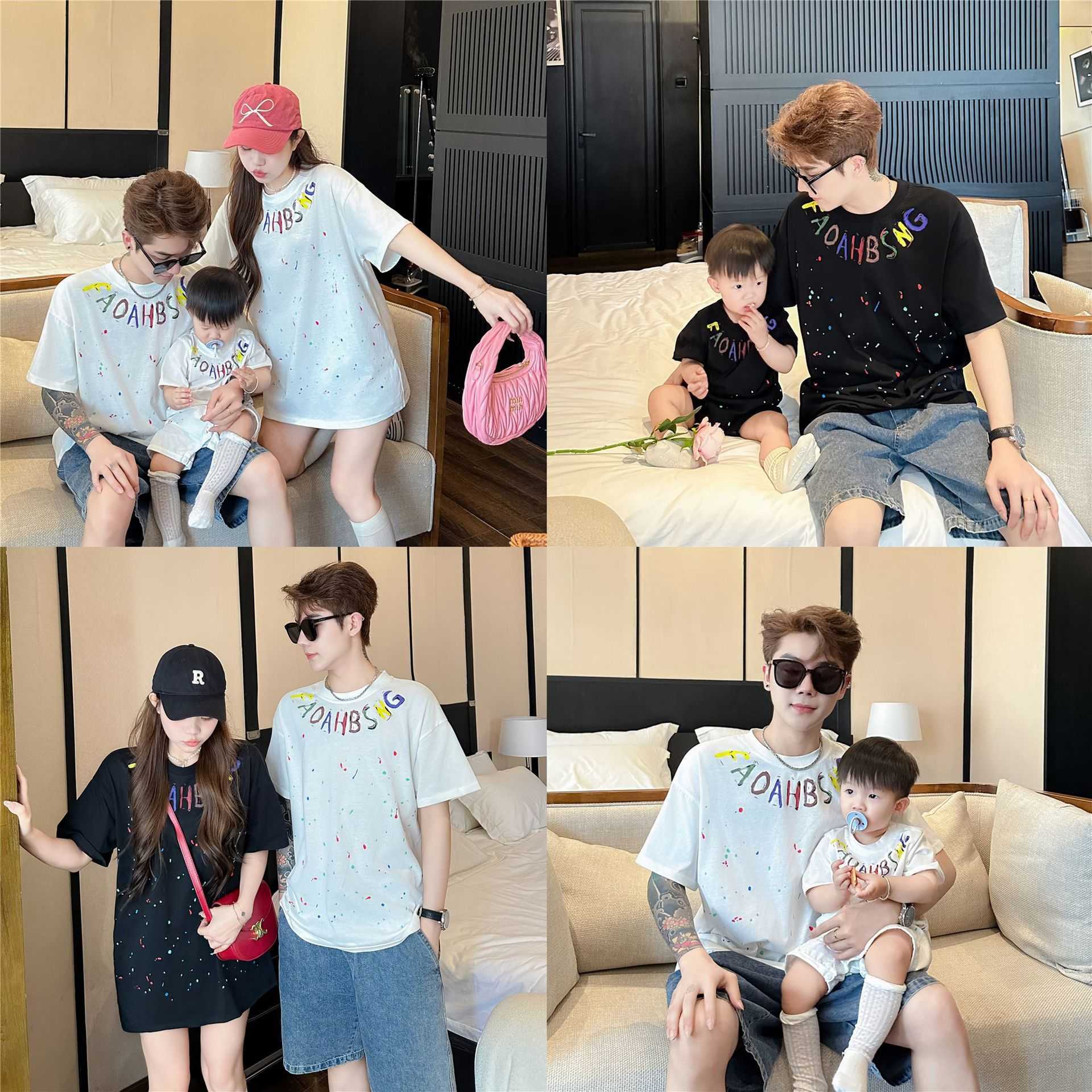 Bomb Street Parent-child Dress One Family Three Summer Short Sleeve Star Family Dress Tidy Baby Mother Womens Dress Fashionable Pure Cotton T-shirt S2