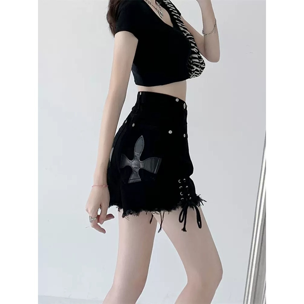 2025S Women S Designer Shorts Black Denim Shorts Women S Loose Summer Plus Size Fat High Waist Slimming Design Tie Up Word Wide Leg Hot Pants Hot Pant