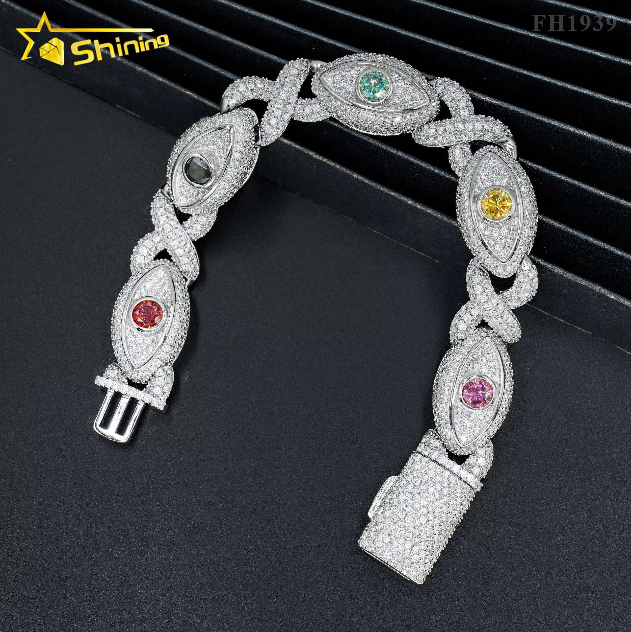 Hip Hop New Design 925 Silver 15MM Eye Evil Color Diamond Cuban Link Chain Iced Out Moissanite Cuban Bracelet