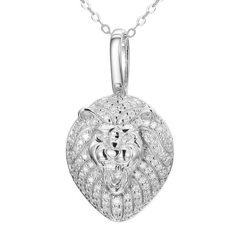 European American Lion Head 925 Silver Inlaid Moissanite Solid Pendant Hip-Hop Style Clavicle Chain for Men Women Unique