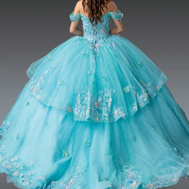 Water Blue Shiny Princess Quinceanera Dresses Off Shoulder Beads Applique Bow Tull Sweet 16 Dress Ball Gown Vestidos 15 Anos