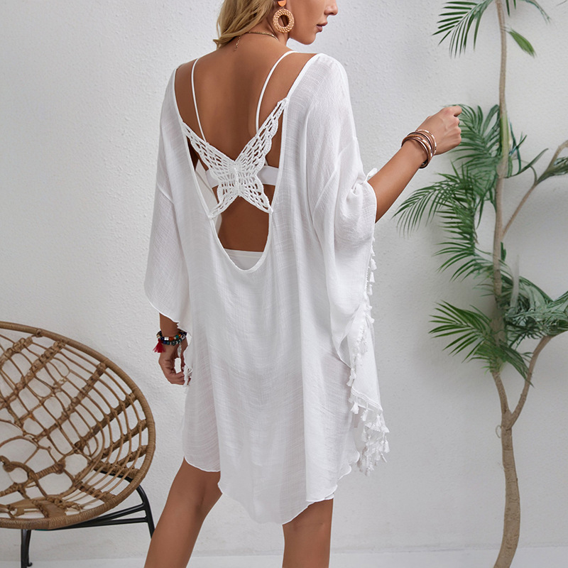New products for 2025!! Hand hook flower patchwork fringe beach cover hollowed out butterfly loose beach vacation dress
