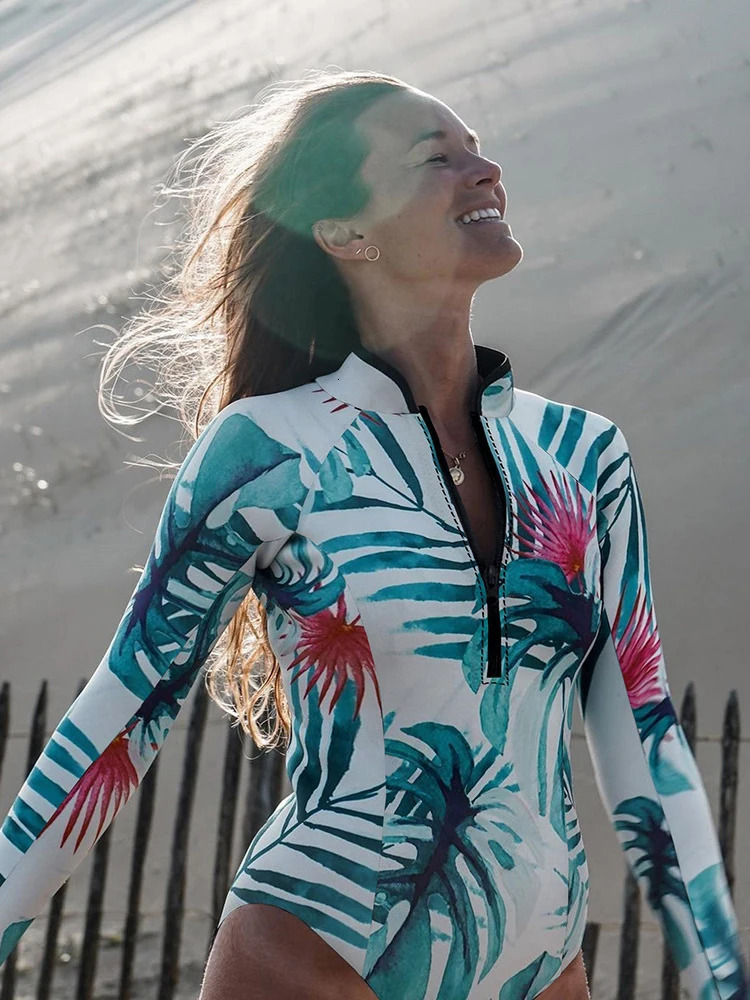OIINAA onepiece swimsuit womens zipper plant print long sleeved beachwear summer fashion 250409