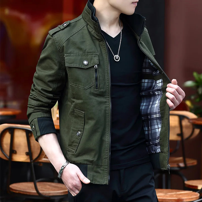 Korean fashion stand up collar denim cargo jacket springsummer mens zipper pocket stitched slim fit 250409