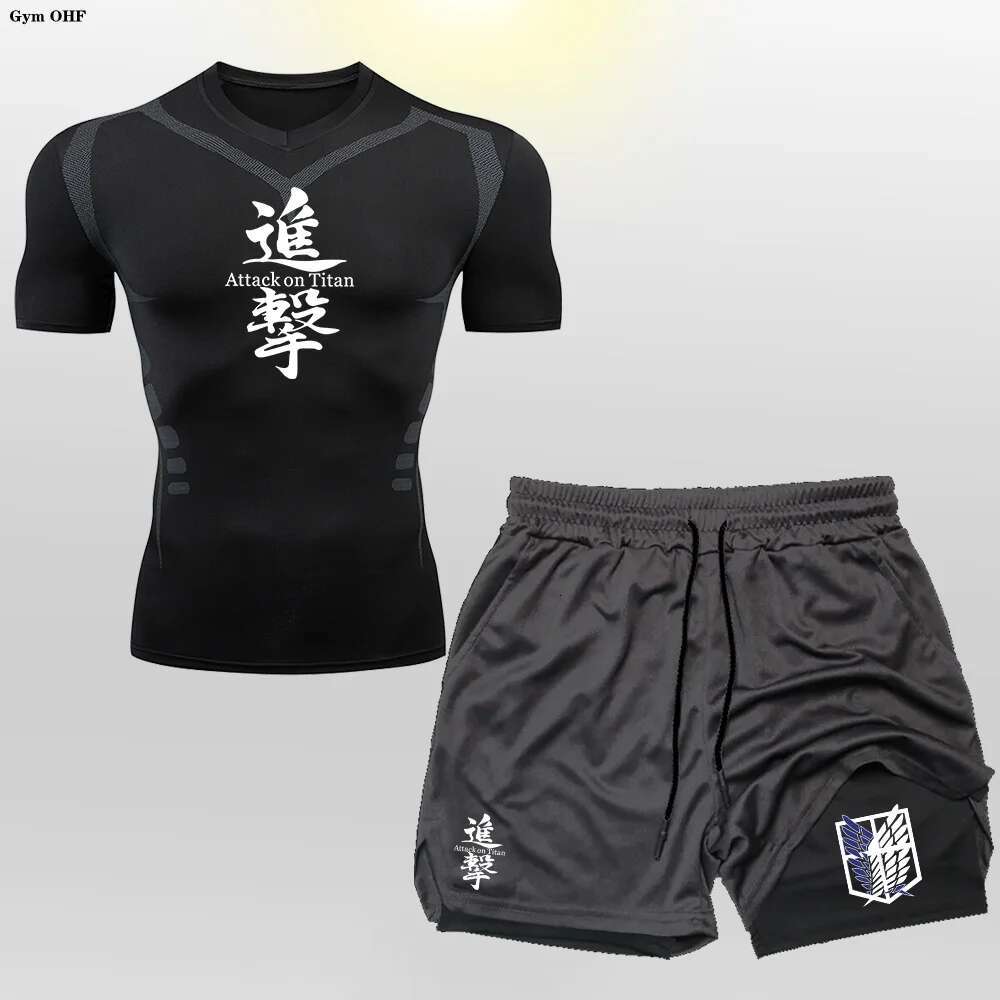 Anime 2 in 1 Male Quick Drying Sportswear Compression T-Shirt Shorts Men's Running Sports Suit MMA Rashgard Summer Men Sets