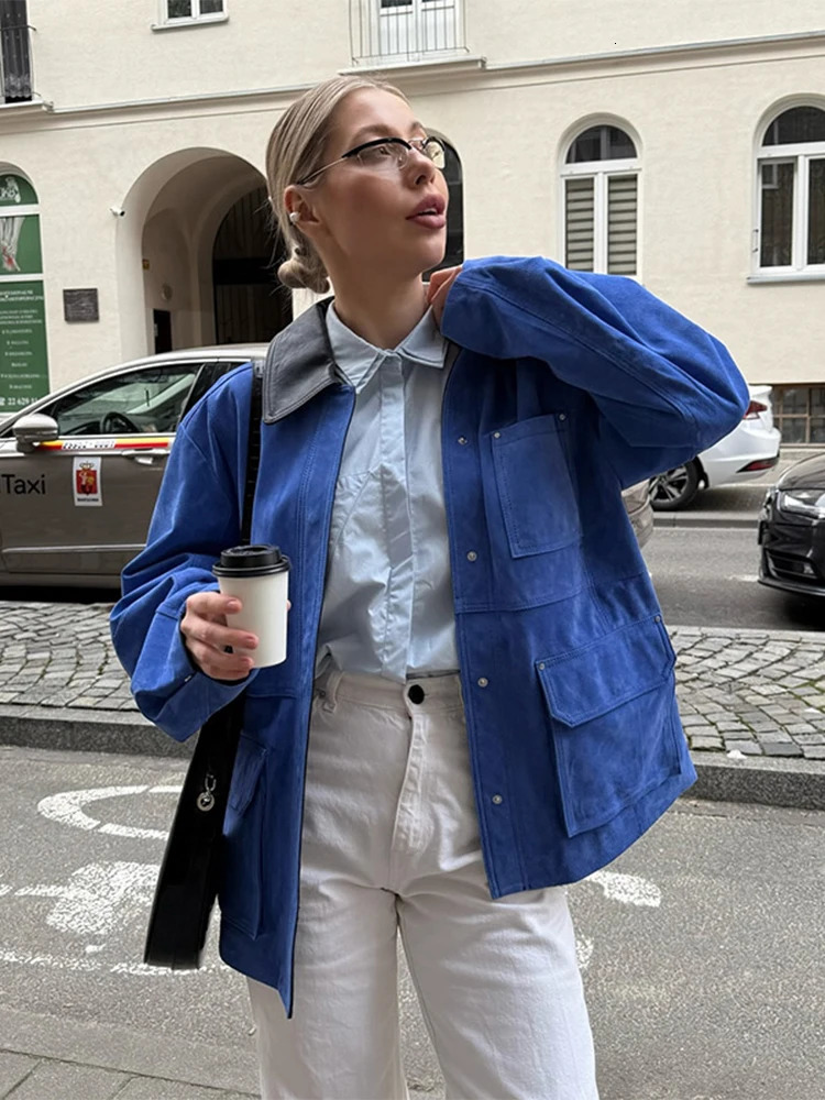 Womens oversized spliced work jacket with full collar single chest pocket womens springsummer street 250409