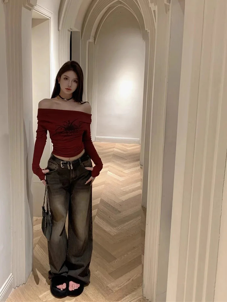 T Shirt Women Long Sleeve Off Shoulder Y2k Vintage Tops Streetwear Korean Style Crop Tops Autumn 250409