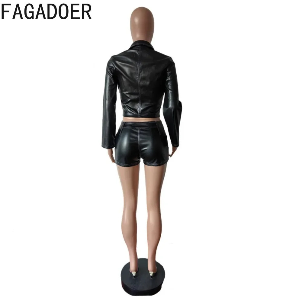 FAGADOER Punk Y2K Leather 2 Piece Sets Women Outfit Deep V Zipper Patchwork Crop Jacket And Shorts Suits Girl Streetwear 250408