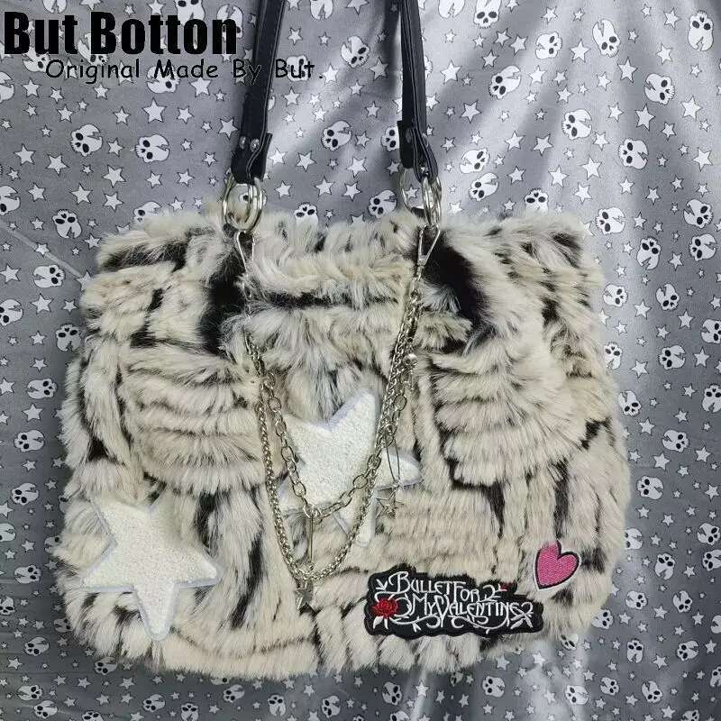 Women Y2k Girl Vintage Large Capacity Gothic Handbag Tote Haruku Bag Stars Furry One Shoulder Underarm Bags Messenger Bags