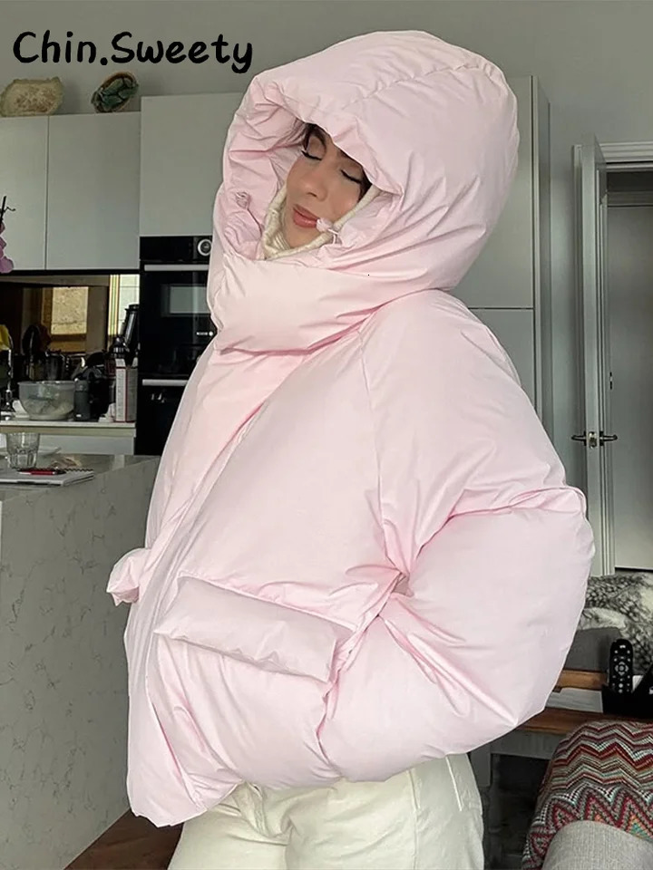 Warm Womens Hooded Cotton Padded Coats Loose Solid Stand Collar Full Sleeve Zipper Pockets Coat 2025 Autumn Winter Lady Outwear 251105