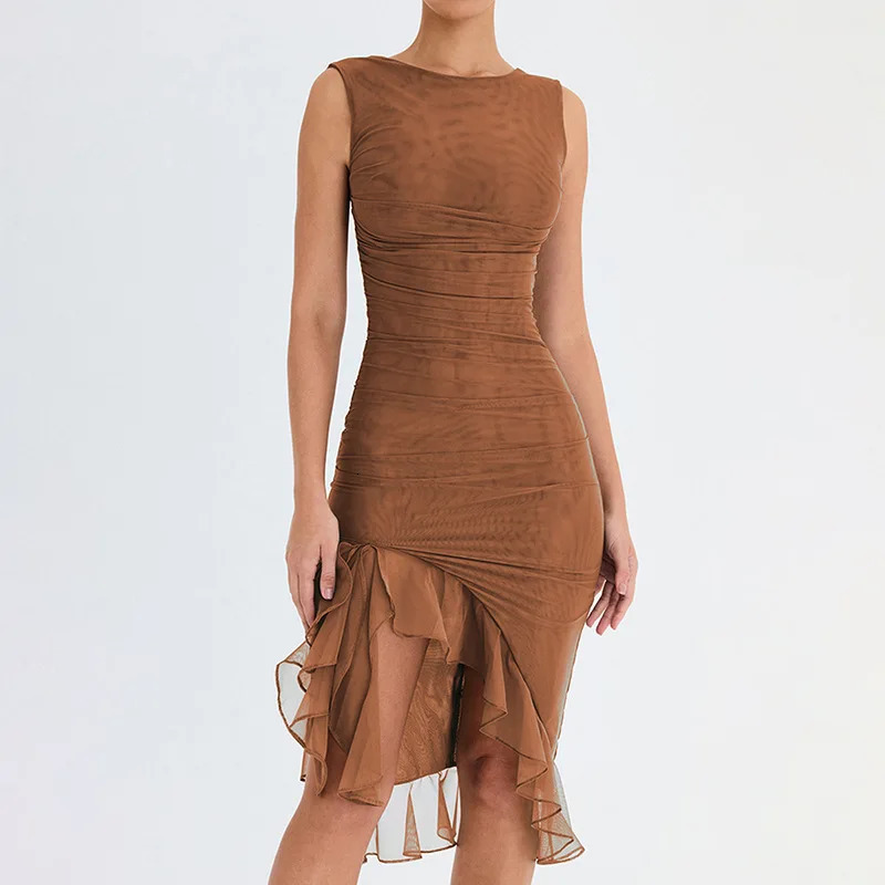 Sexy and elegant pleated hem midi womens dress summer backless sleeveless irregular club party Gauze Vestido 250409