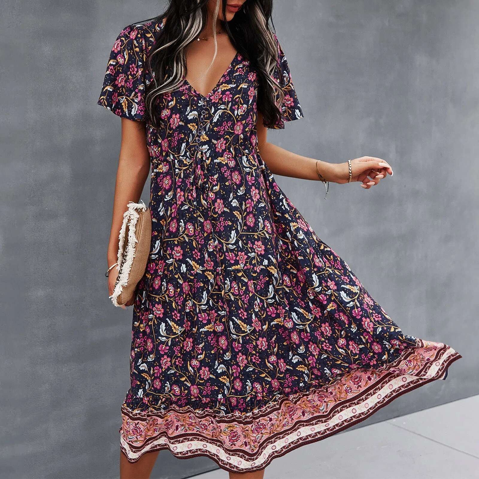 Dongdumaoyi Vintage Floral Print Dress Chic Fashion Women Cotton Bohemian Button Maxi Dresses Ladies V Neck Summer Beach Boho Vestidos