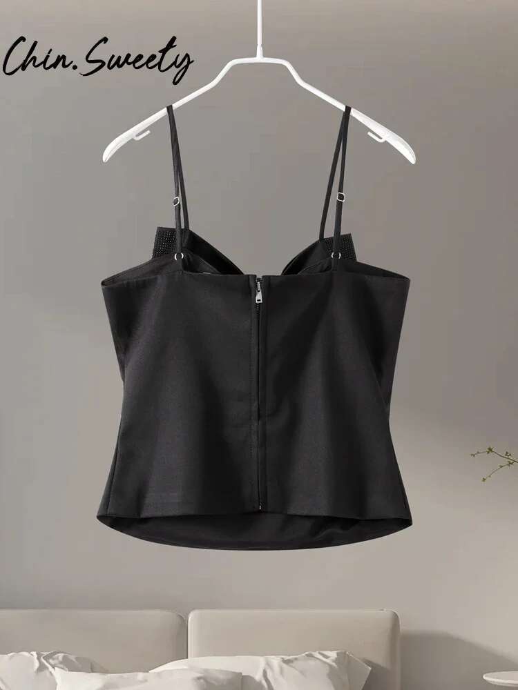Sweet Sequined Bow Women Sg Top Sexy Sleeveless Backless Pleated Zippers Female Tank Tops 2025 Spring Lady Streetwear
